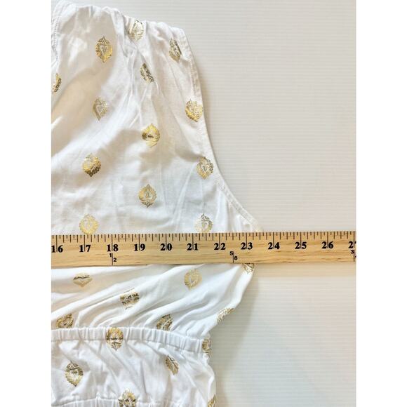 Boden Maxi Dress Size 16/18 White Gold Foil Leaves Ruffle Hem Deep V-Neck NWT - Picture 10 of 11